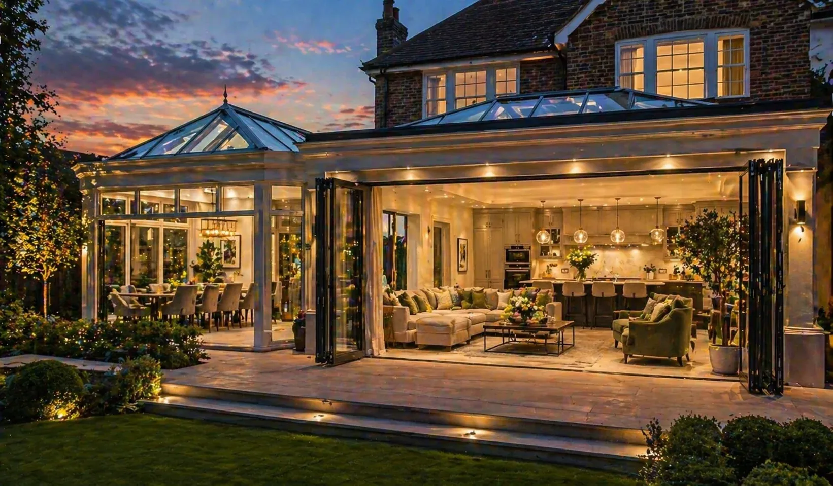 Glazed living-space addition illuminated at dusk
