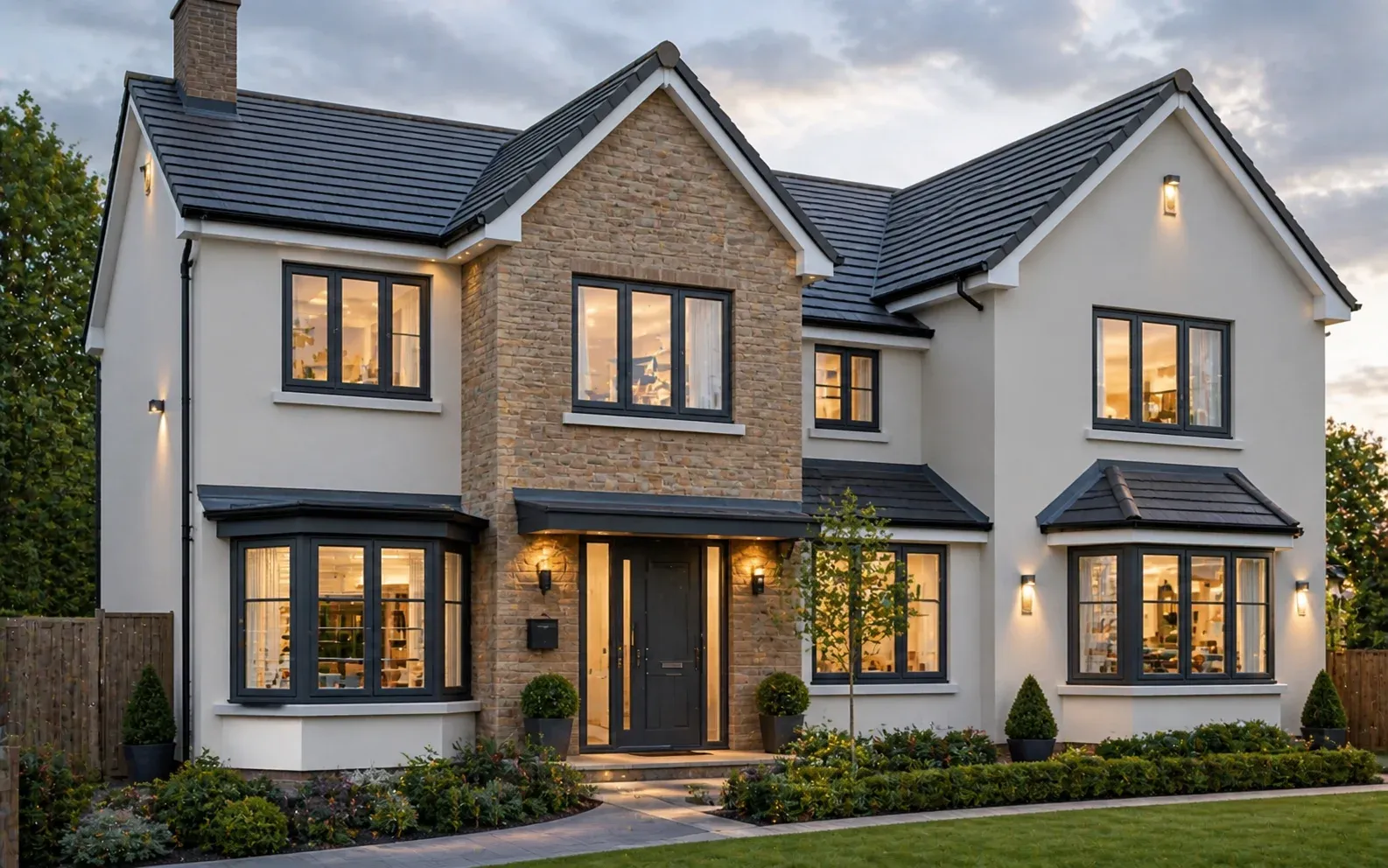 Modern home with dark framed residential windows